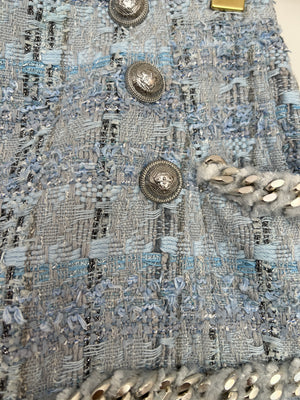Balmain Sky Blue Tweed Mini Skirt with Ruffles Silver Buttons Detail Size FR 38 (UK 10)