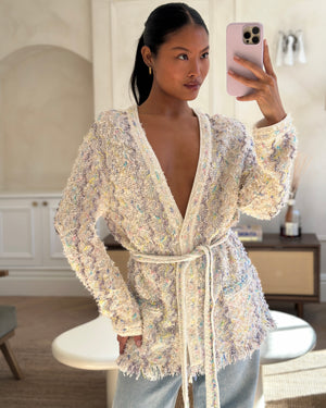 Chanel 24C Cream Long Line Belted Cardigan with Metallic & Multi-Colour Threads and Sequins Detail Size FR 36 (UK 8)