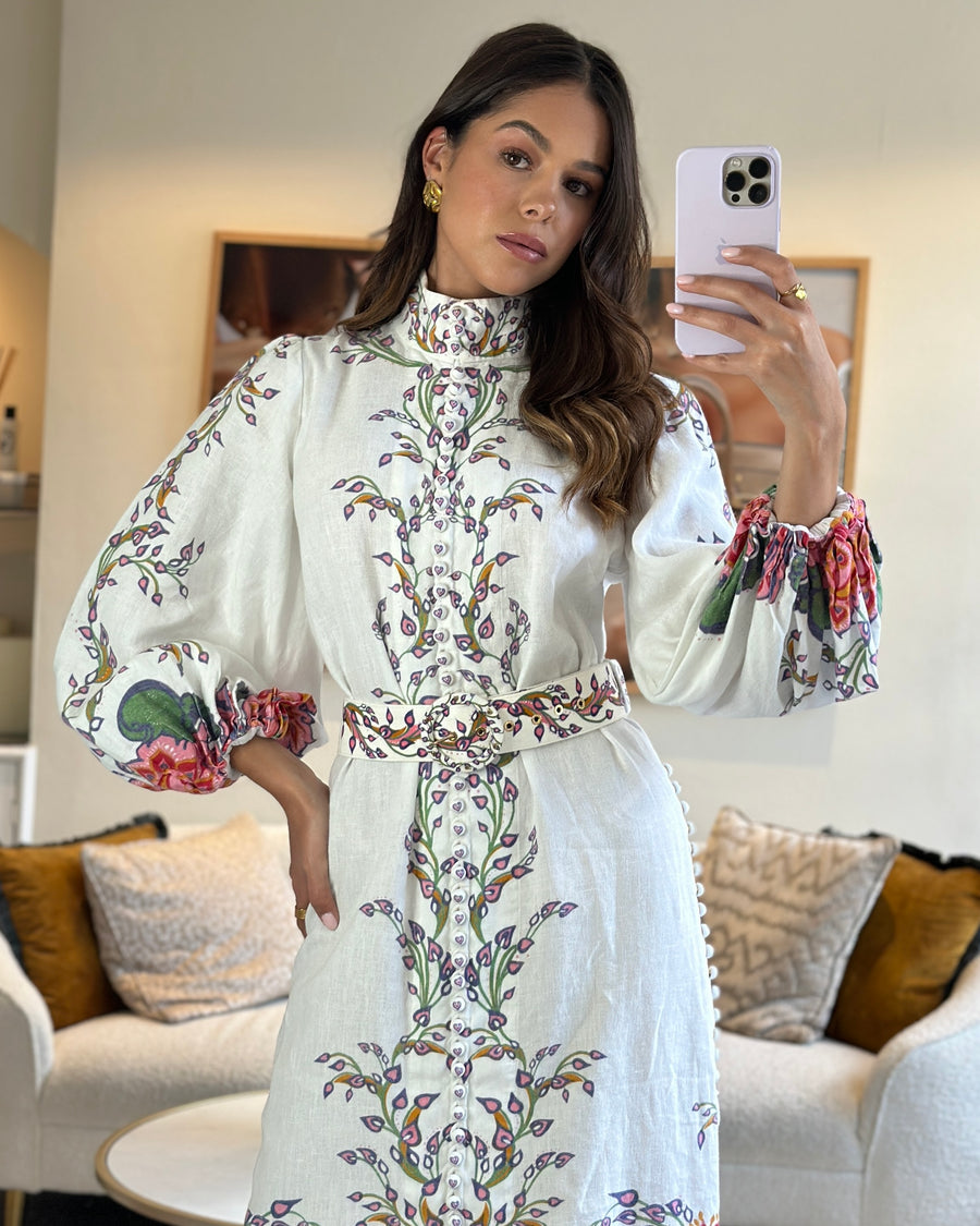 Zimmermann White Linen Embroidered Long-Sleeve Maxi Dress with Belt Detail Size 1 (UK 10)