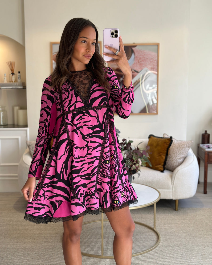 Valentino 1967 Collection Pink and Black Silk Tiger Printed Mini Dress Size IT 38 (UK 6)