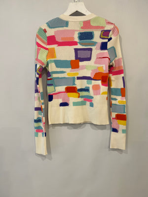 Chanel Spring 2019 White and Multi-Colour Ribbed Cardigan with Silver and White CC Logo Buttons Size FR 38 (UK 10)