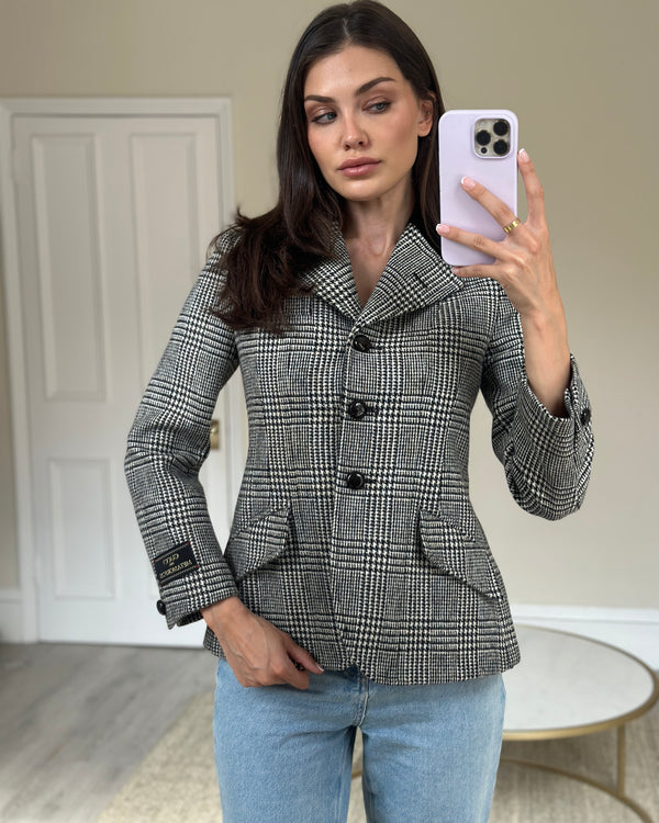 Gucci Black and White Checked Wool Single Breasted Blazer with Velvet Collar Detail Size IT 38 (UK 4-6)