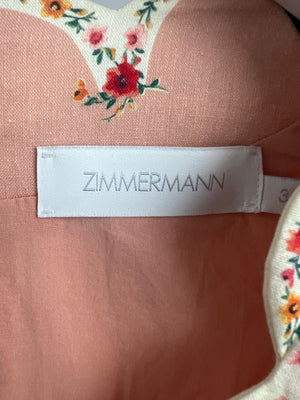 Zimmermann Peach Floral Print Linen Scalloped Edge Long-Sleeve Dress Size 3 (UK 14)