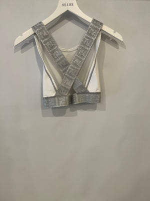 Fendi White Top and Leggings Sports Set with Silver Metallic Logo Details Size UK 8/UK 10