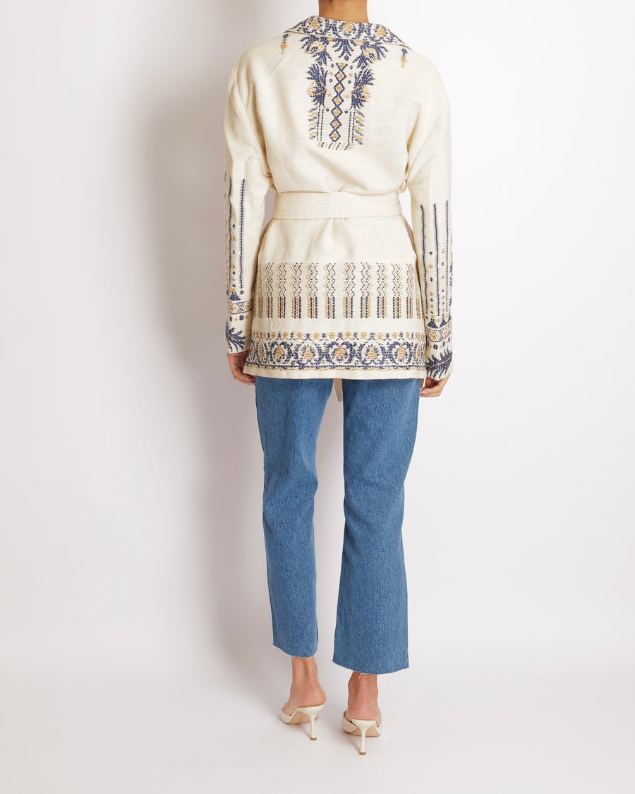 Etro Beige and Navy Aztec Belted Jacket with Abstract Print Details Size IT 48 (UK 16)