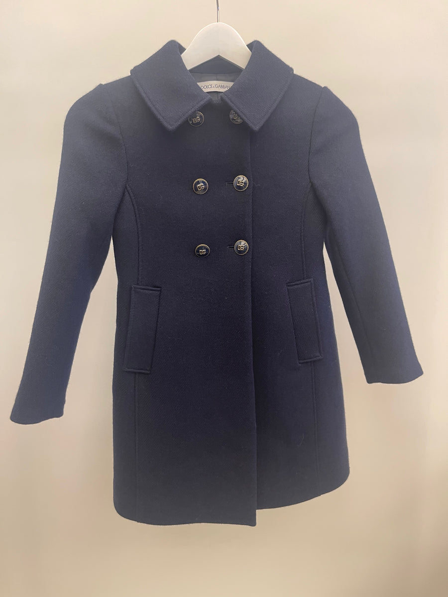 Dolce & Gabbana Kids Navy Wool Coat with Logo Buttons and Pockets Size 8 years