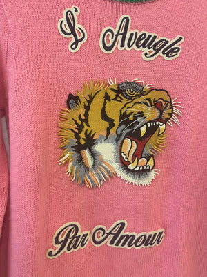 Gucci Pink L'Aveugle Par Amour Tiger Wool Knit Long Sleeve Jumper Size M (UK 10)