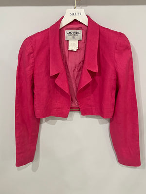 Chanel 95P Vintage Barbie Pink Linen Mini Dress and Cropped Jacket Set with Gold CC Logo Buttons Size FR 38 (UK 10)