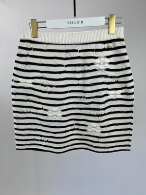 Chanel White & Black Striped Skirt with Camilia & Flower Detail Size FR 38 (UK 10)