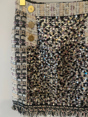 Ralph & Russo Black and Multi-Colour Tweed Sequin Top and Mini Skirt Set with Textured Gold Buttons Size FR 38/40 (UK 10/12)