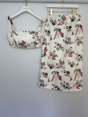 Emilia Wickstead Pink and Green Floral Printed White Crop Top and Midi Skirt Set Size UK 12