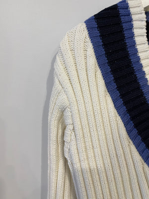 Chanel White, Black and Navy V Neck Knit Jumper with CC Button Details Size FR 40 (UK 12)