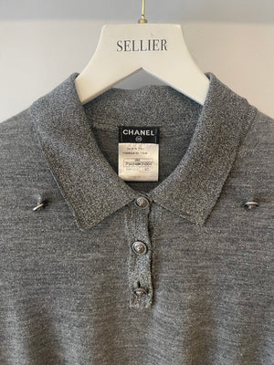 Chanel 08A Grey Two Piece Cashmere Detachable Top and Cardigan Set with Silver Metallic Details Size FR 40 (UK 12)