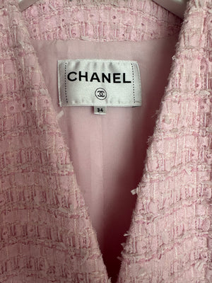 *HOT* Chanel 24S Pink Tweed Long Sleeve A-Line Asymmetric Mini Dress with Silver and Pink Logo Button Details Detail FR 34 (UK 6) RRP £11,650