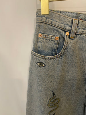 Gucci Blue Straight Loved Jeans with Multicolour Embroideries Size 25 (UK 6)