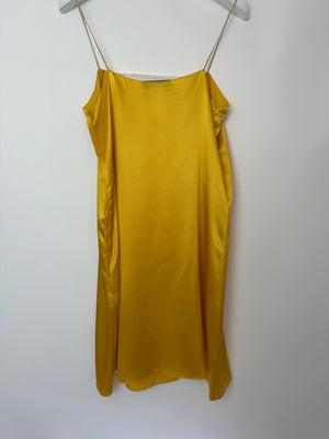 Prada Yellow Satin Mini Slip Dress with White Lace Insert and Black Prada Logo Size IT 38 (UK 6)