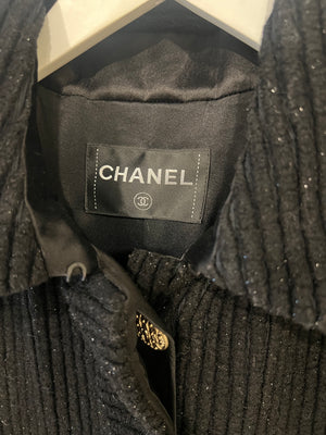 Chanel Black Shimmery Wool Long Coat with Gold CC Logo Buttons Size FR 34 (UK 6)