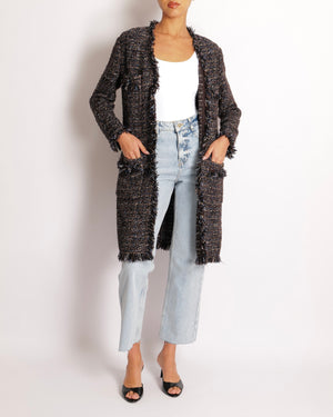 Chanel Black, Navy and Brown Tweed Long Jacket with Fringed Trims and Silver Chain Button Details Size FR 36 (UK 8)