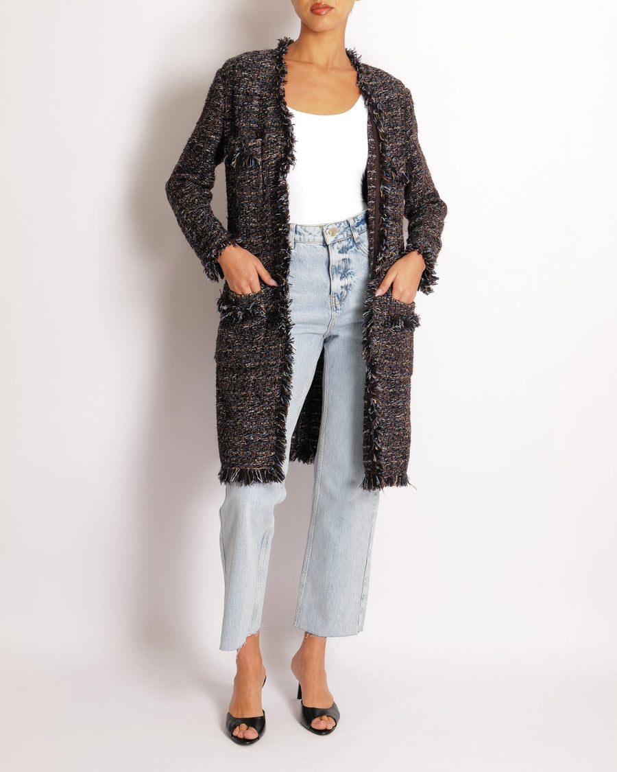 Chanel Black, Navy and Brown Tweed Long Jacket with Fringed Trims and Silver Chain Button Details Size FR 36 (UK 8)