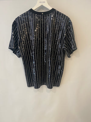 Chanel SS23 Navy and White Striped Sequins T-Shirt with CC Logo Size FR 40 (UK 12)