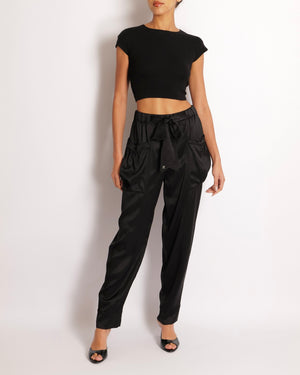 Chanel Black Silk Trousers with Bow and Crystal CC Logo Detail Size FR 36 (UK 8)
