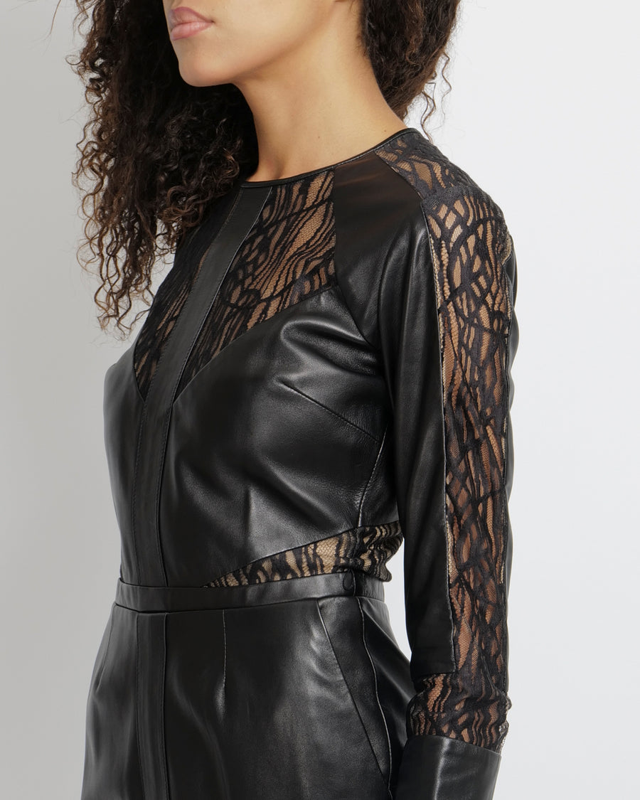 Elie Saab Black Leather Jumpsuit with Lace Sleeves and Inserts Size FR 38 (UK 10) RRP £4,350