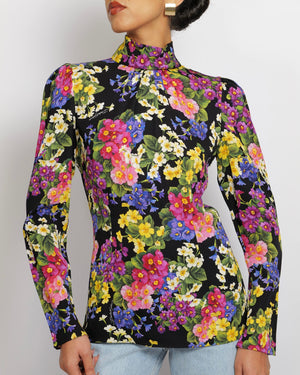 Dolce & Gabbana Black Silk Long-Sleeved Top with Multi-Colour Floral Print Size IT 40 (UK 8)