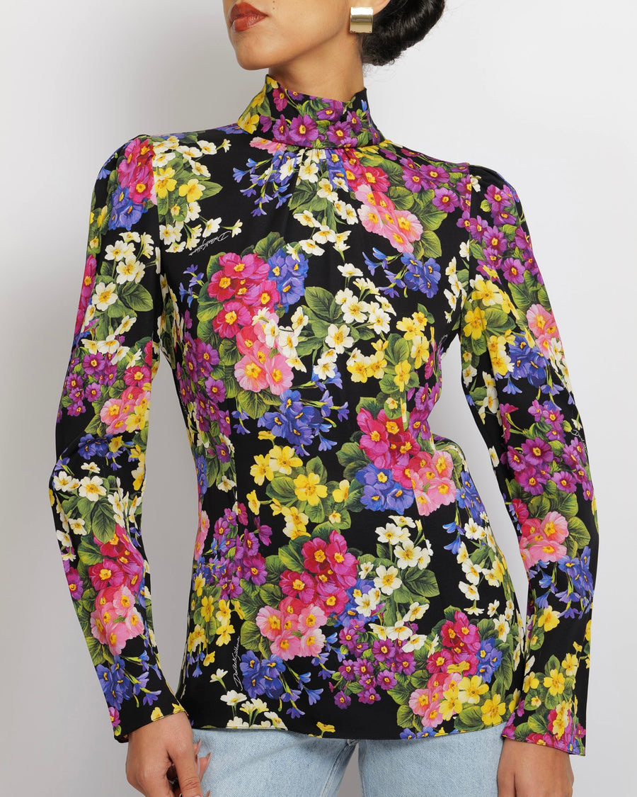 Dolce & Gabbana Black Silk Long-Sleeved Top with Multi-Colour Floral Print Size IT 40 (UK 8)