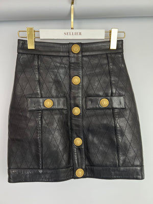 Balmain Black Quilted Lambskin Mini Skirt with Gold Buttons Detail Size FR 36 (UK 8) RRP £2,090
