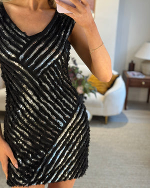 Roberto Cavalli Black and Silver Sequin Stripe Sleeveless Mini Dress Size IT 38 (UK 6)