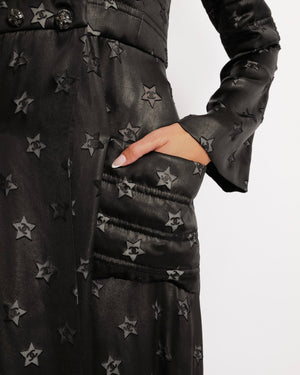 Chanel Cruise 2024 Black Shimmery Coat Dress with CC Logo Stars Embellishments and Black and Silver Crystal CC Logo Buttons Size FR 36 (UK 8)