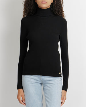 Chanel Black Wool Ribbed High-Neck Jumper with CC Logo Embroidery and Champagne Gold CC Logo Button Detail Size FR 40 (UK 12)