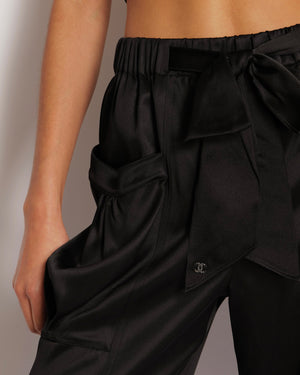 Chanel Black Silk Trousers with Bow and Crystal CC Logo Detail Size FR 36 (UK 8)
