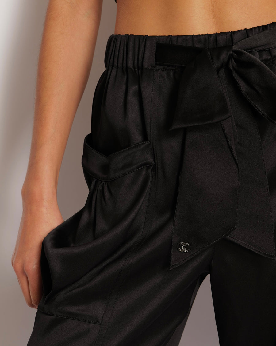 Chanel Black Silk Trousers with Bow and Crystal CC Logo Detail Size FR 36 (UK 8)