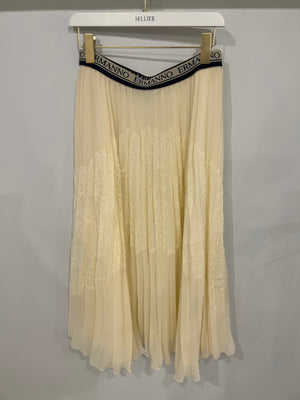 Ermanno Scervino Cream Pleated Maxi Skirt with Lace Details and Navy Logo Waistband Size IT 44 (UK 12)