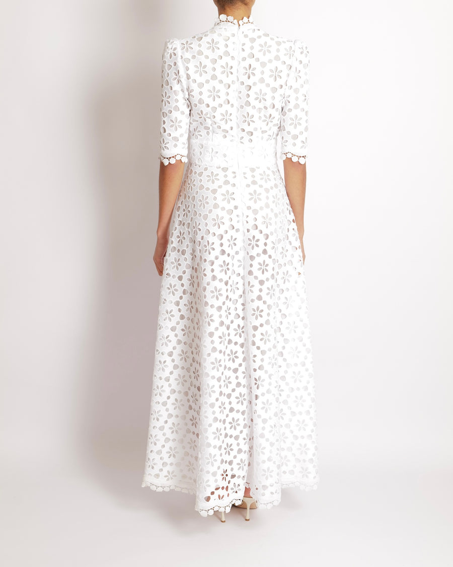 Elie Saab White Macrame Lace Midi Dress with V-Neck Detail Size FR 38 (UK 10)