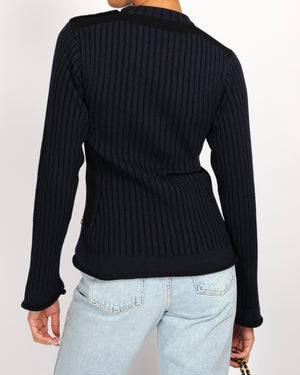 Louis Vuitton Navy and Black Cashmere Ribbed Jumper with Gold LV Logo Buttons Size S (UK 8)