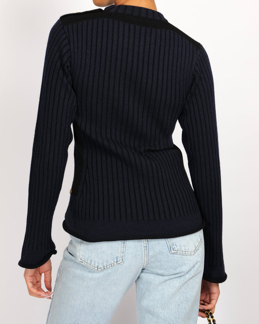 Louis Vuitton Navy and Black Cashmere Ribbed Jumper with Gold LV Logo Buttons Size S (UK 8)