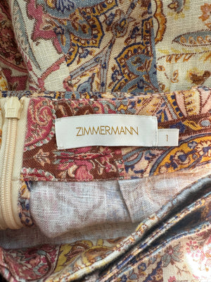 Zimmermann Orange and Brown Paisley Belted Linen Midi Skirt Size 1 (UK 10)