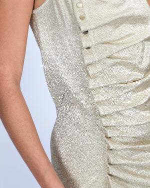 Paco Rabanne Gold Shimmery Sleeveless Mini Dress with Ruched Detail and Gold Buttons Size FR 38 (UK 10)