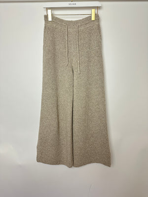 Loro Piana Beige Knitted Wide Leg Trousers with Tie Waist Size UK 8