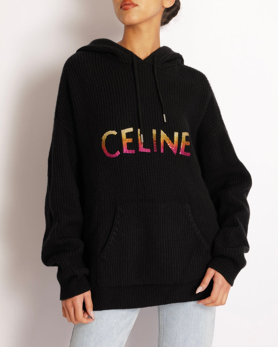 Celine Black Wool Knit Hooded Jumper with Multi-Colour Ombre Sequin Logo Size XS (UK 6)
