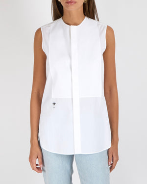 Christian Dior White Poplin Sleeveless Blouse with Plastron and Black Embroidered Logo Detail Size FR 36 (UK 8) RRP £880