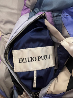 Emilio Pucci Purple and Multi-Colour Reversible Sleeveless Puffer Jacket with Abstract Pattern Size IT 44 (UK 12)
