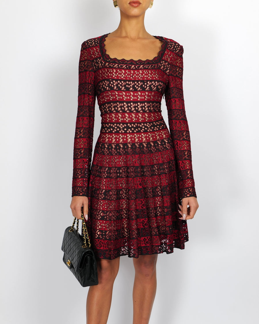 Alaia Burgundy Perforated Striped Long-Sleeved Mini Dress Size FR 42 (UK 14)