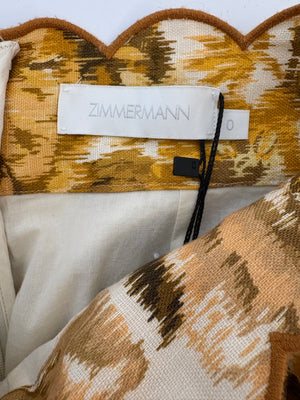 Zimmermann Cream, Brown and Yellow Antique Floral High-Waisted Linen Shorts Size 0 (UK 8)