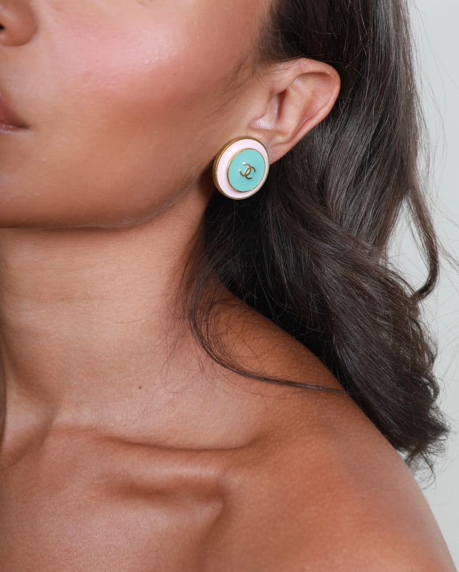 *HOT* Chanel Vintage 95C 24K Light Pink & Tiffany Blue Clip-On Earrings with Gold CC Logo Detail