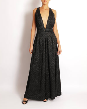 Chanel Black Silk Textured Sleeveless Long Jumpsuit with CC Logo Print and V-Neck Detail Size FR 36 (UK 8)