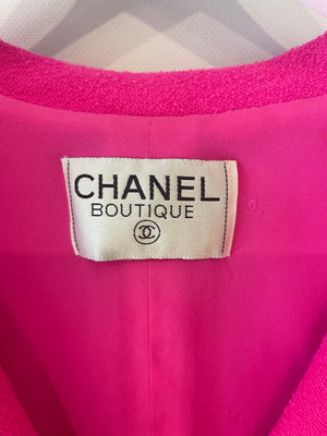 Chanel Hot Pink Spring 1995 Barbie Collection Tweed Jacket with Gold CC Logo Buttons Size FR 38/40( UK 10/12)