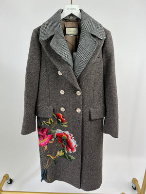 Gucci Brown, Cream Check Long-Sleeve Coat with Multi-Colour Floral Embellishment, Sequin Detail Size IT 38 (UK 6)